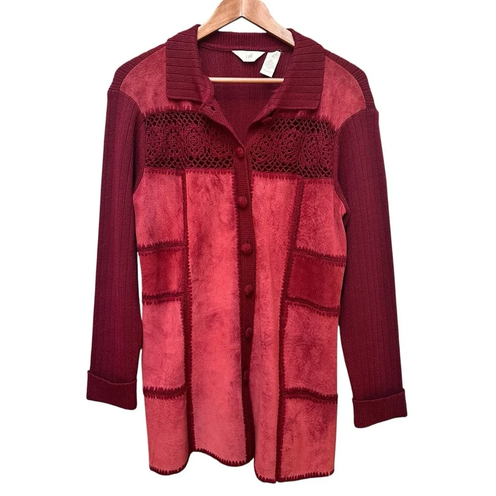 J Jill Cardigan Patchwork Shacket Red‎ Suede Leather Wool Crochet Jacket Boho SM